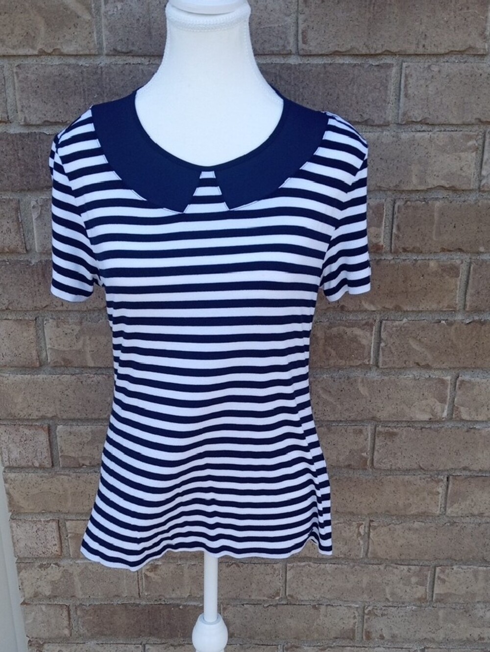 Tommy Hilfiger Navy and White Striped Short-Sleeve Top with Peter Pan Collar